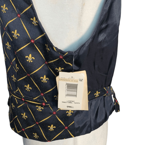 Vintage Lizsport Petite Black Gold Fleur De Lis Embroidered Vest New Small Prep - Picture 4 of 10